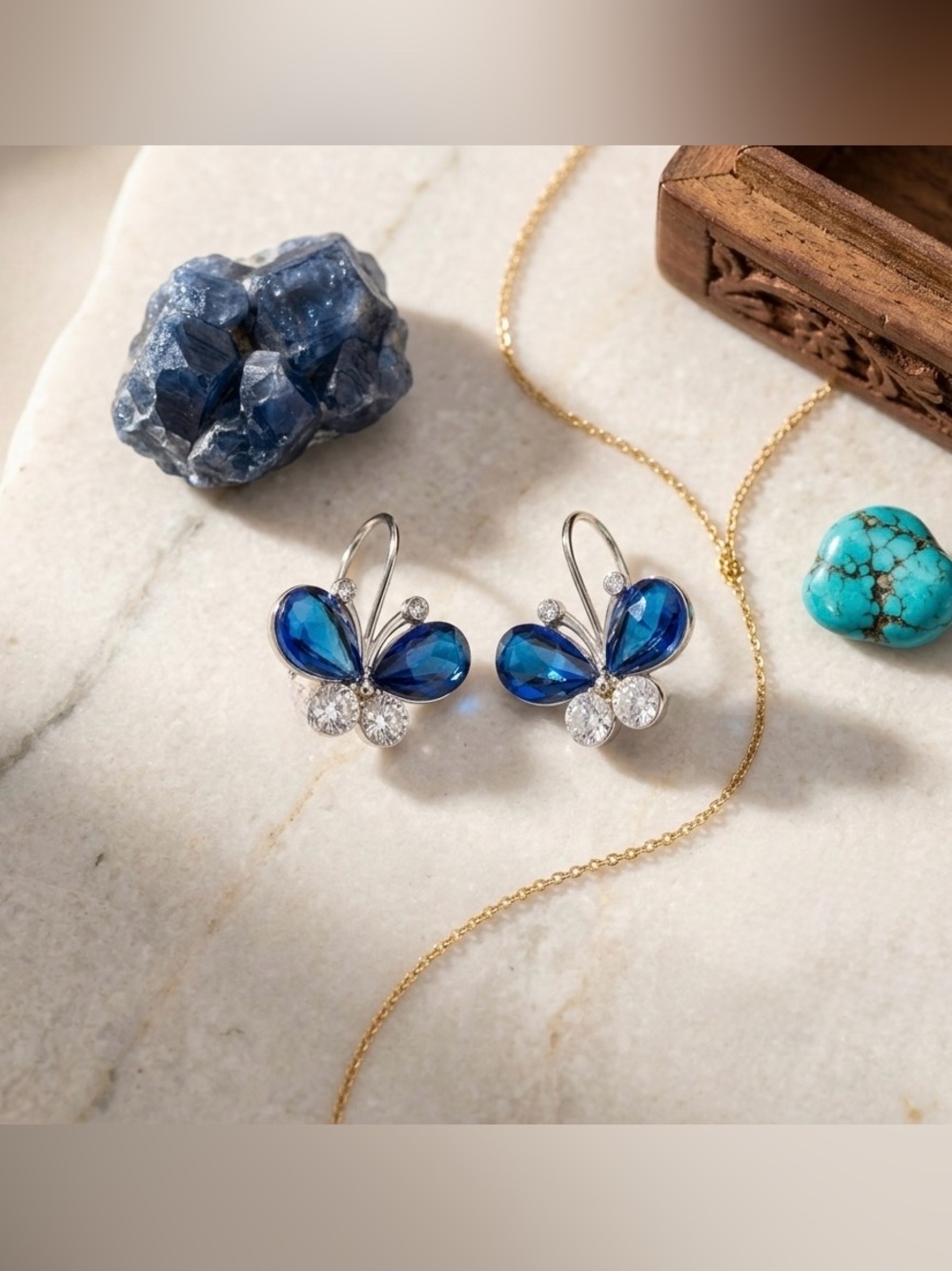 NWT Silver Plated Blue Glass Butterfly Rhinestone Statement Earrings Giftable